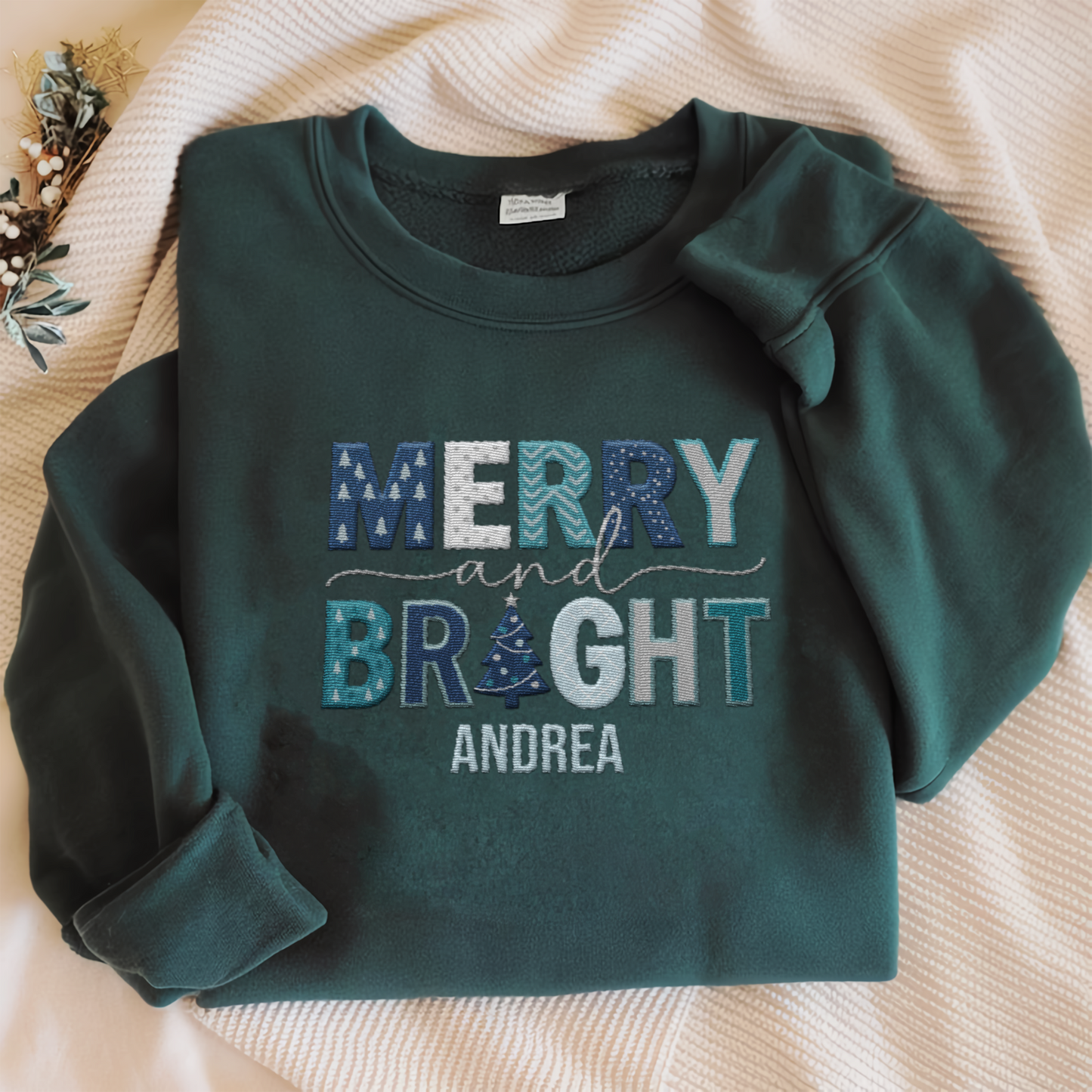 Personalized Merry and Bright Christmas Sweatshirt with Custom Name | Festive Holiday Crewneck Gift