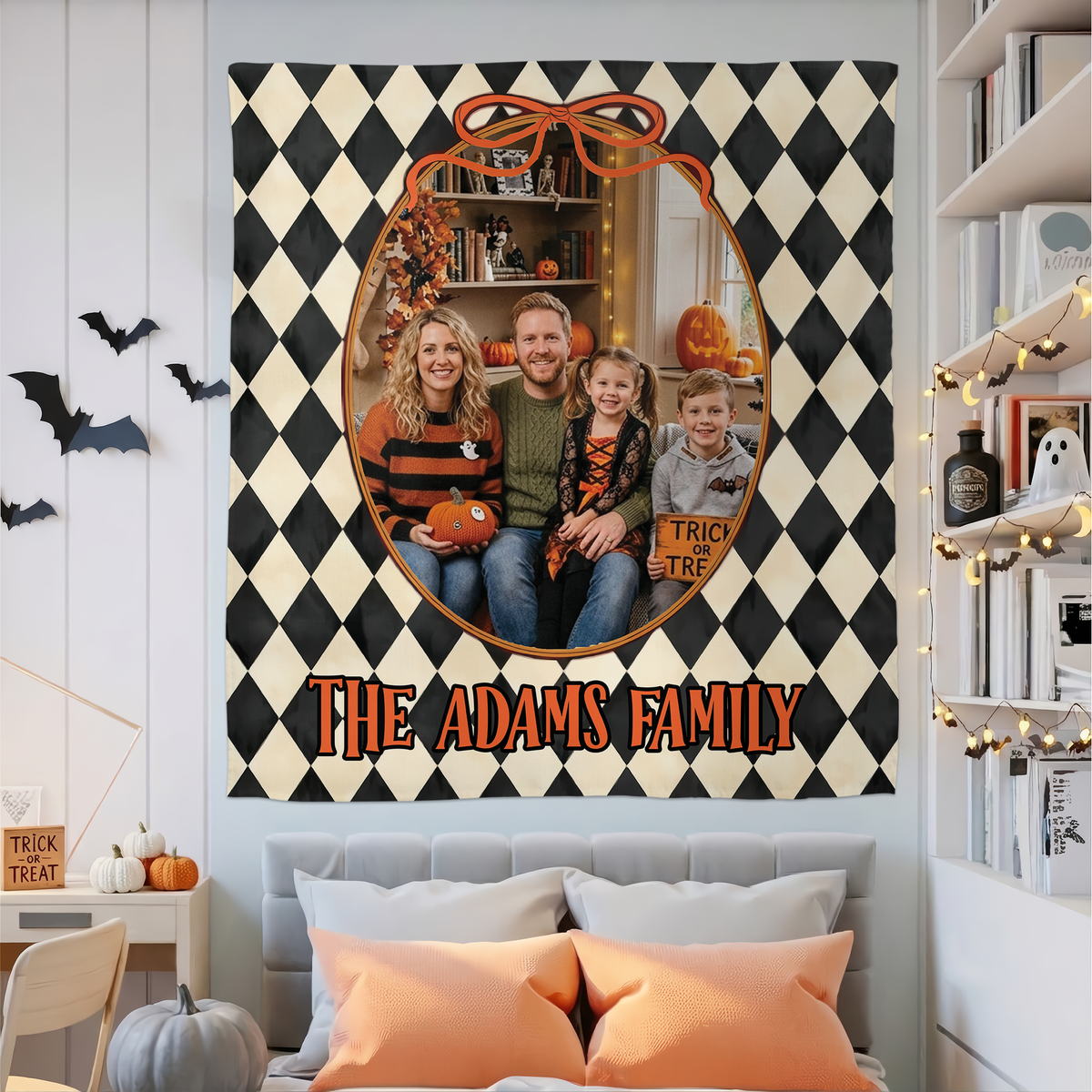 Personalized Halloween Diamond Pattern Photo Tapestry, Custom Family Photo Name Wall Hanging Decor, Spooky Harlequin Party Backdrop