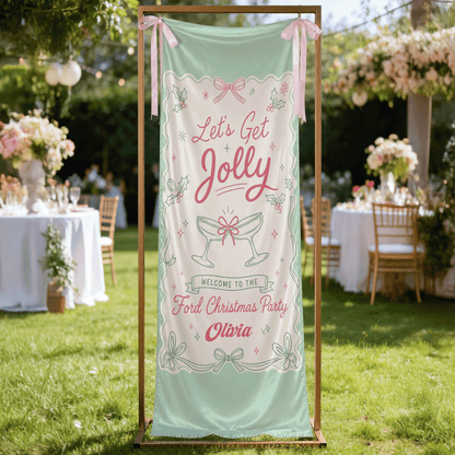 Custom Let's Get Jolly Fabric Welcome Banner, Personalized Family Name Christmas Cocktail Party Entrance Hanging Sign with Ribbons, Mint Green Holiday Decor