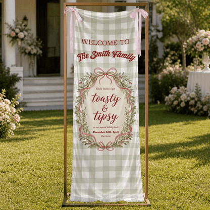 Custom Toasty & Tipsy Holiday Bash Fabric Welcome Banner, Personalized Family Name Christmas Wreath Entrance Hanging Sign with Pink Ribbons, Green Gingham Check Party Decor