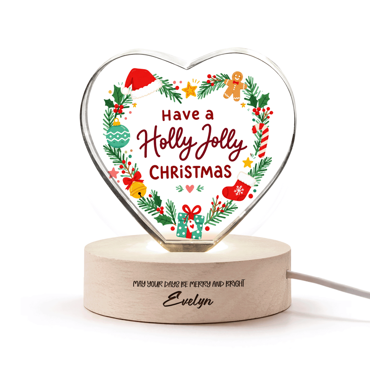 Custom Have A Holly Jolly Christmas Wreath 3D Laser Engraved Crystal Heart with LED Wooden Standee, Personalized Name Holiday Night Light Keepsake