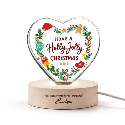 Custom Have A Holly Jolly Christmas Wreath 3D Laser Engraved Crystal Heart with LED Wooden Standee, Personalized Name Holiday Night Light Keepsake