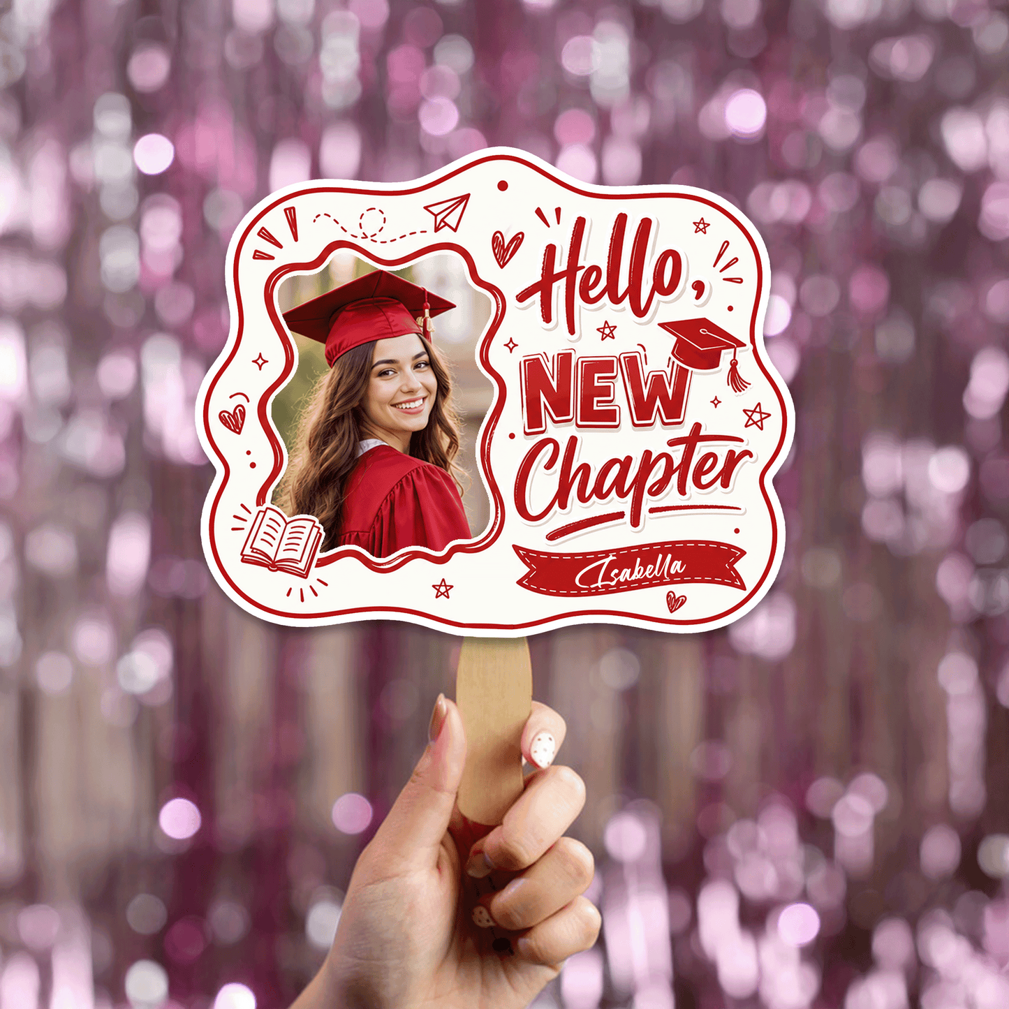 Personalized Hello New Chapter Custom Shape Photo Hand Fan, Graduation Fan with Photo & Name