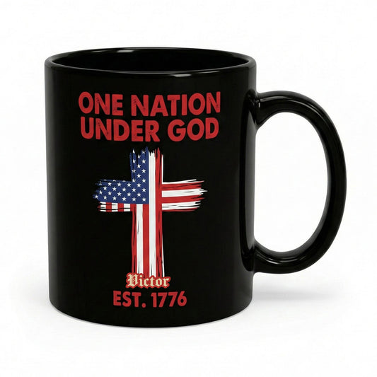 One Nation Under God Est 1776 Personalized Black Mug – Patriotic USA Christian Flag Cross Mug