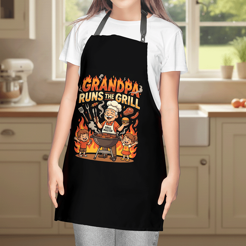 Grandpa Runs the Grill Apron – Funny BBQ Grilling Apron Gift for Grandpa