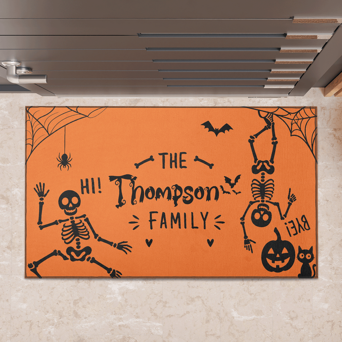 Personalized Halloween Funny Dancing Skeleton Hi Bye Doormat Custom Family Name Entrance Floor Mat