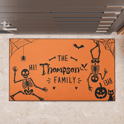Personalized Halloween Funny Dancing Skeleton Hi Bye Doormat Custom Family Name Entrance Floor Mat
