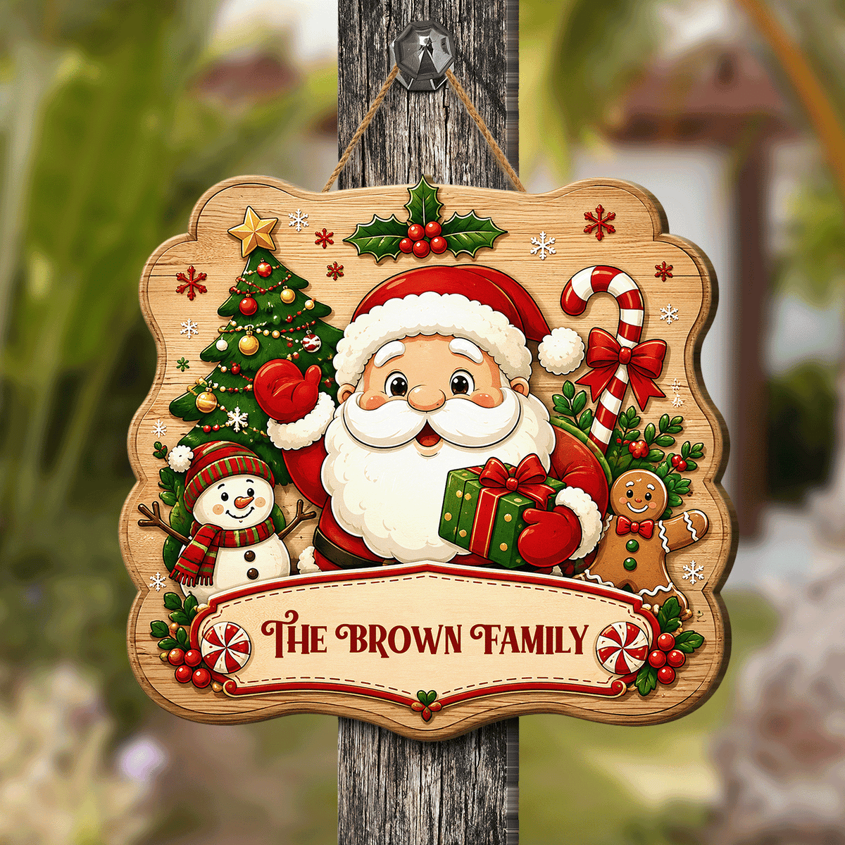 Personalized Santa Snowman Gingerbread Custom Shape Wood Sign, Cute Santa Claus Christmas Tree Candy Cane Wooden Hanging Decor, Holiday Door & Wall Decor Family Gift