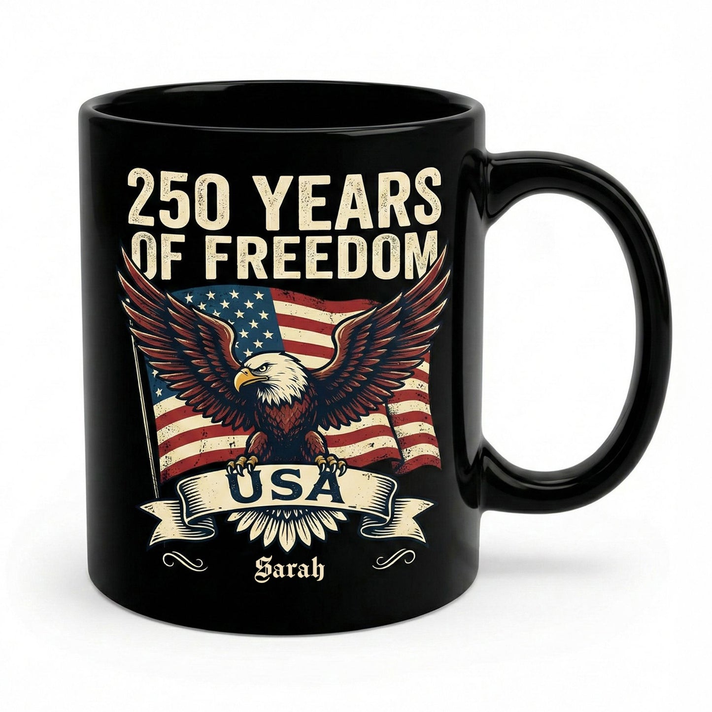 250 Years of Freedom USA Eagle Personalized Black Mug – Custom Name America 250 Patriotic Mug