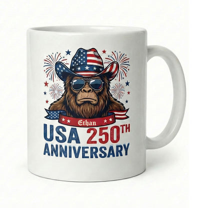 USA 250th Anniversary Personalized White Mug – America 250 Patriotic Cowboy Bigfoot Mug