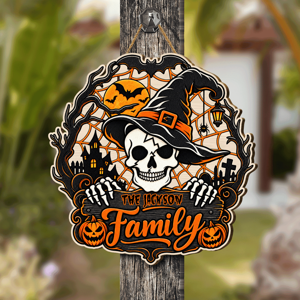 Personalized Halloween Skull Witch Hat Skeleton Custom Shape Wood Sign Spooky Family Name Haunted House Door Hanger Home Wall Decor