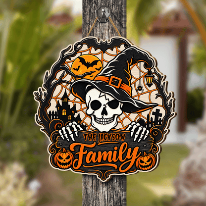 Personalized Halloween Skull Witch Hat Skeleton Custom Shape Wood Sign Spooky Family Name Haunted House Door Hanger Home Wall Decor