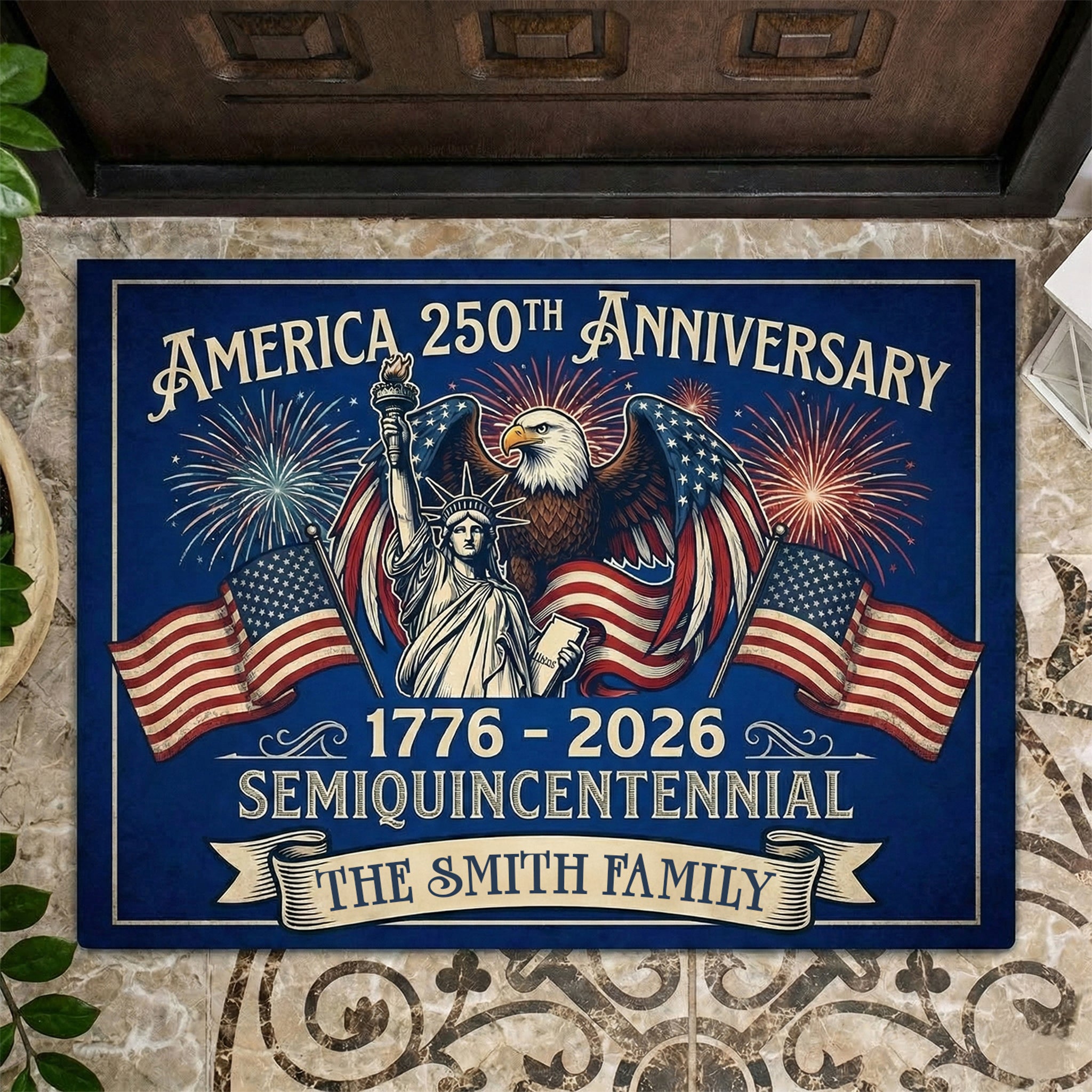 250th Anniversary America Doormat - Personalized Family Name Welcome Rug