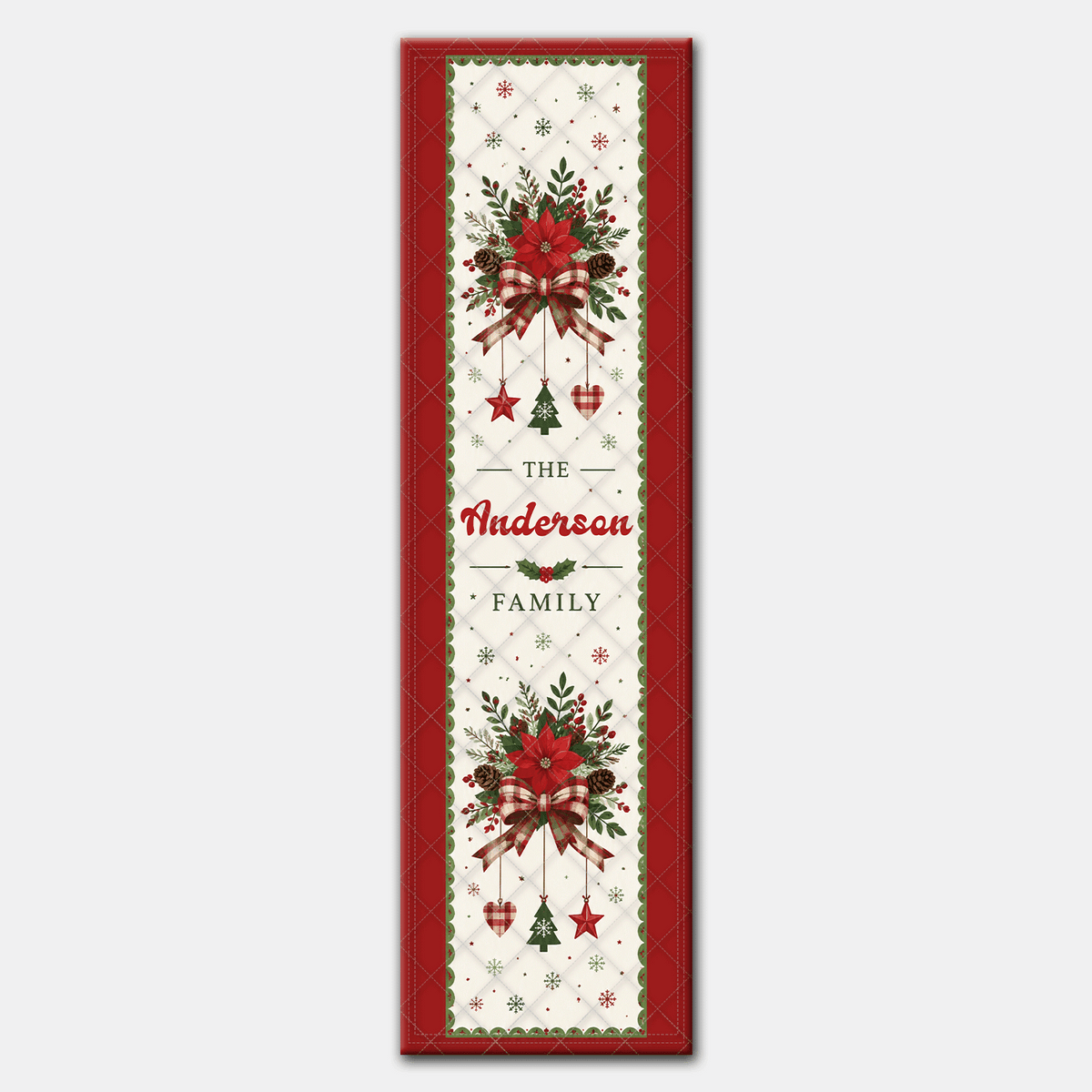 Personalized Family Name Poinsettia Plaid Bow Quilt Table Runner, Custom Elegant Floral Christmas Quilted Table Runner Decor, Festive Holiday Dining Room Table Topper