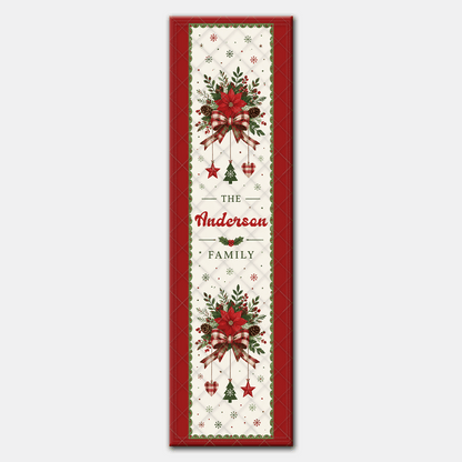Personalized Family Name Poinsettia Plaid Bow Quilt Table Runner, Custom Elegant Floral Christmas Quilted Table Runner Decor, Festive Holiday Dining Room Table Topper