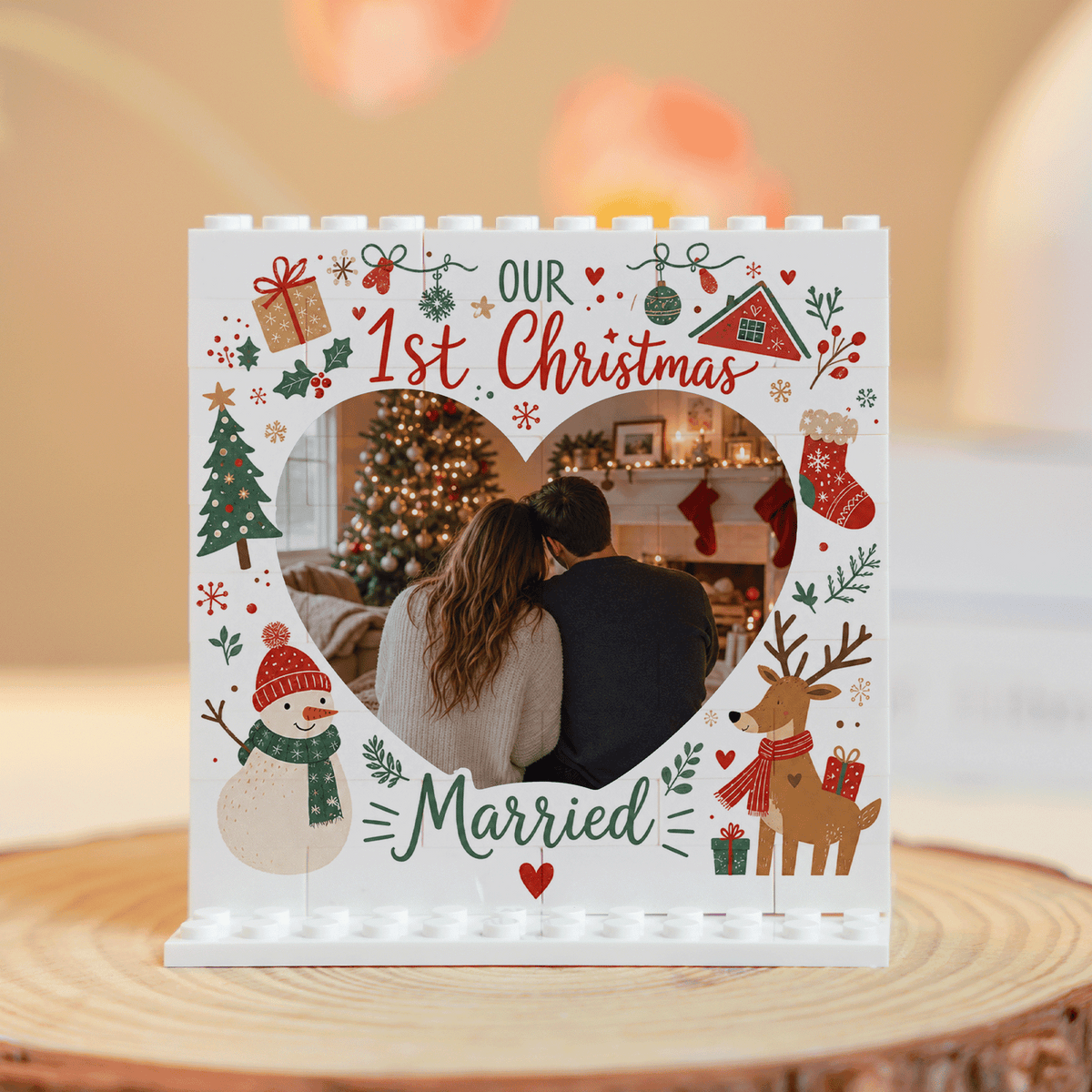 Personalized Photo Christmas Building Block in Cream White, Custom Couple First Christmas Married Photo Heart Shape Snowman & Reindeer Brick Puzzle Keepsake Decor, Holiday Gift for Newlyweds