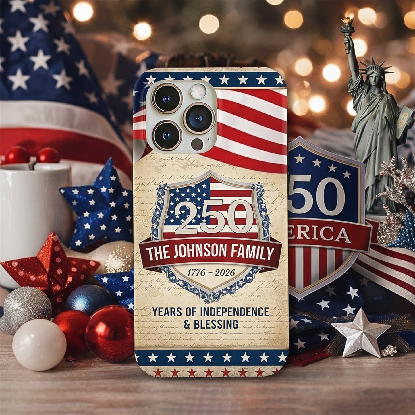 Custom Family Name Patriotic American, 250 Years of Blessing God Phone Case