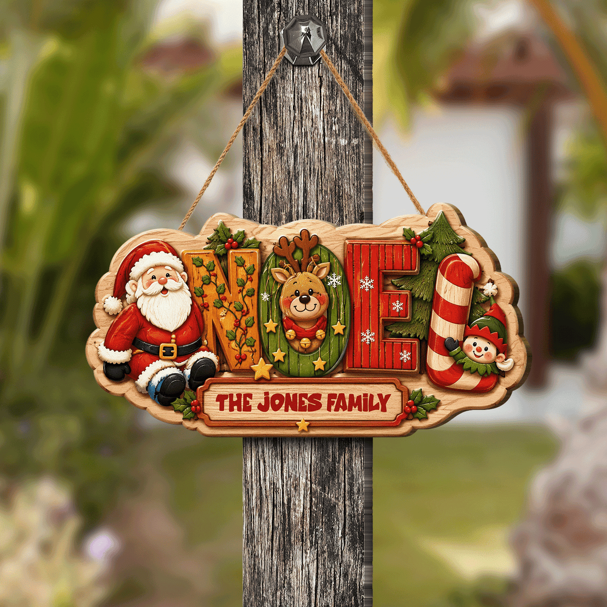 Personalized Festive NOEL Christmas Characters Custom Shape Wood Sign, Custom Family Name Santa Reindeer Elf Candy Cane Hanging Wooden Plaque, Holiday Door & Wall Decor Family Gift