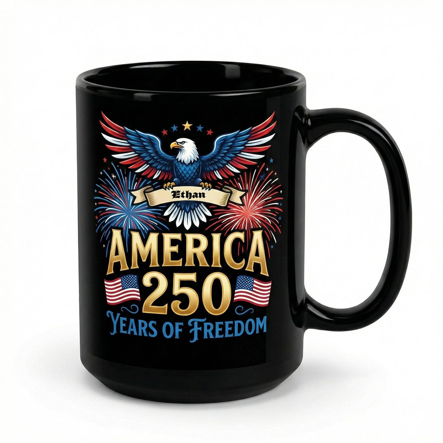 America 250 Years of Freedom Personalized Black Mug – Custom Name Patriotic Fireworks 1776–2026 Mug