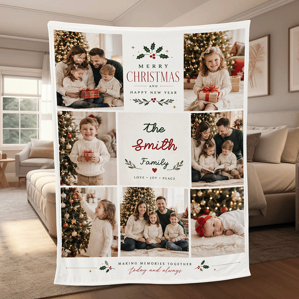 Personalized Multi Photo Grid Family Christmas Blanket, Custom Family Name Holiday Fleece Blanket, Cozy Xmas Picture Memory Throw Keepsake Gift