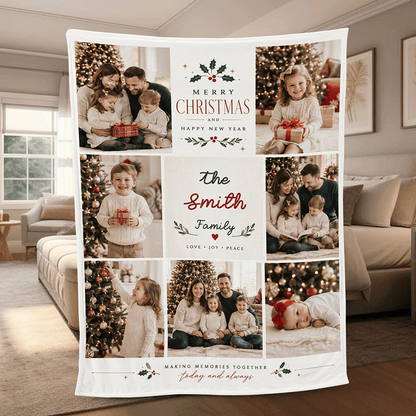 Personalized Multi Photo Grid Family Christmas Blanket, Custom Family Name Holiday Fleece Blanket, Cozy Xmas Picture Memory Throw Keepsake Gift