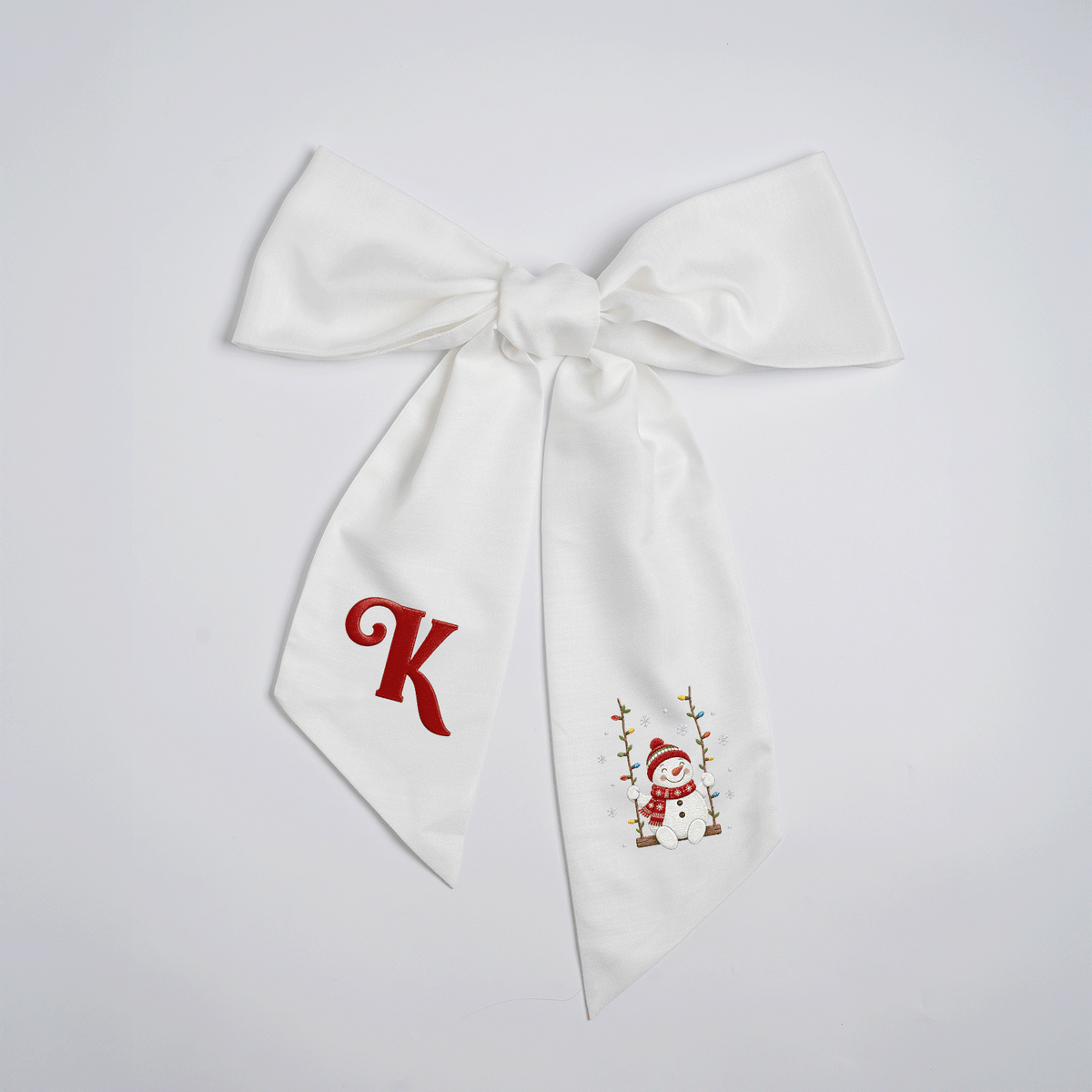 Custom Letter Snowman on Swing Embroidered Linen Wreath Sash, Personalized Monogram Holiday Bow Sash for Door Decor