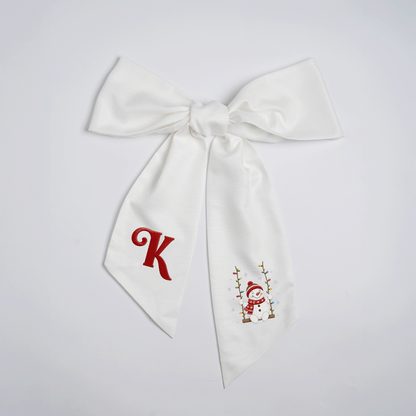 Custom Letter Snowman on Swing Embroidered Linen Wreath Sash, Personalized Monogram Holiday Bow Sash for Door Decor