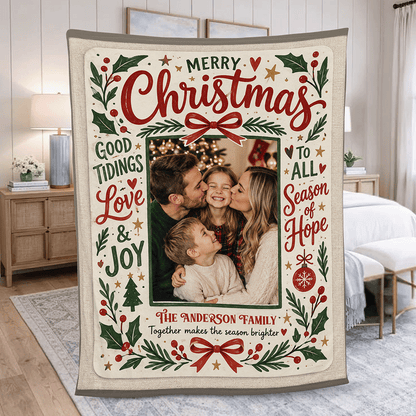 Personalized Photo Merry Christmas Vintage Blanket, Custom Family Name Holiday Fleece Blanket, Cozy Xmas Picture Keepsake Throw Gift