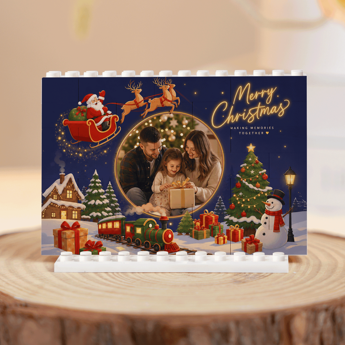 Personalized Photo Christmas Building Block in Midnight Navy, Custom Family Picture Santa Sleigh & Holiday Express Train Brick Puzzle Keepsake Decor, Festive Holiday Desk Gift