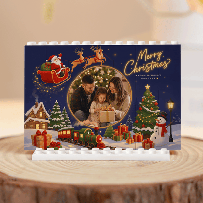 Personalized Photo Christmas Building Block in Midnight Navy, Custom Family Picture Santa Sleigh & Holiday Express Train Brick Puzzle Keepsake Decor, Festive Holiday Desk Gift