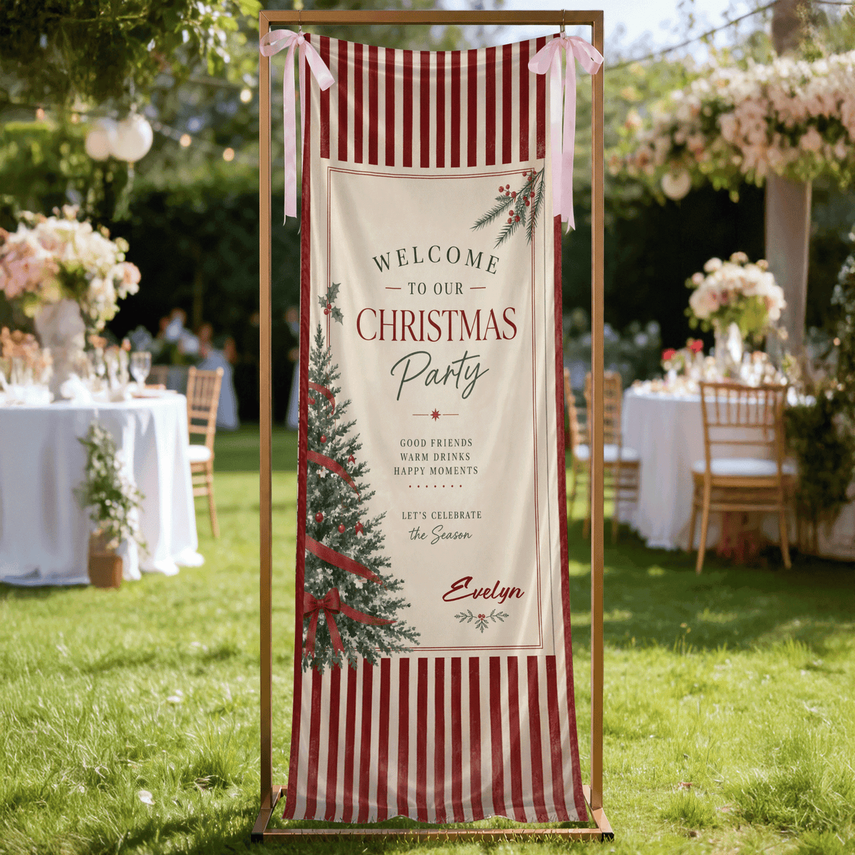 Custom Christmas Party Fabric Welcome Banner, Personalized Name Holiday Entrance Hanging Sign with Ribbon Ties, Classic Red Stripes Tree & Bow Party Decor