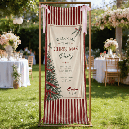 Custom Christmas Party Fabric Welcome Banner, Personalized Name Holiday Entrance Hanging Sign with Ribbon Ties, Classic Red Stripes Tree & Bow Party Decor