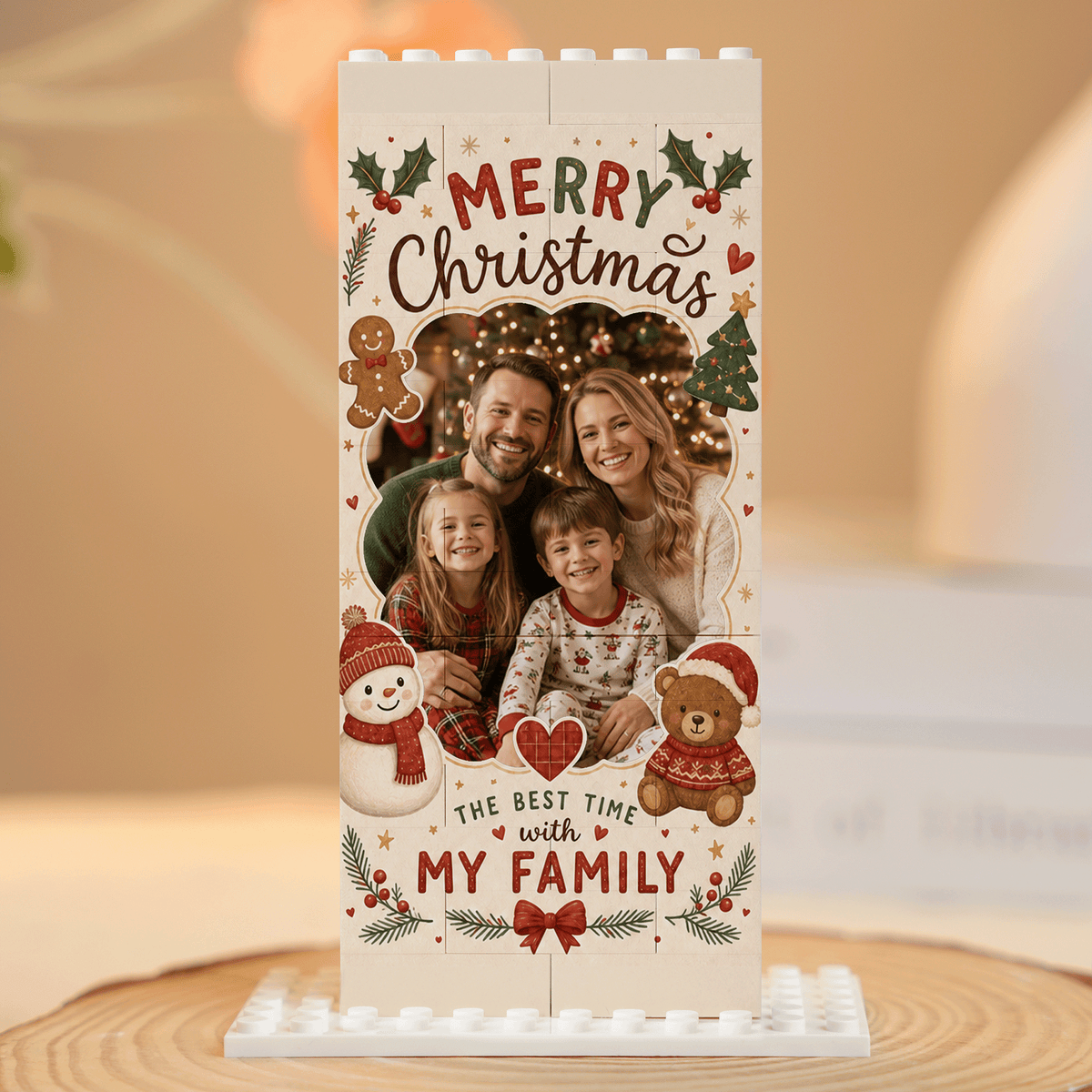 Personalized Photo Christmas Building Block in Warm Cream & Red, Custom Family Picture Vintage Snowman & Teddy Bear Brick Puzzle Keepsake Decor, Festive Holiday Desk Gift