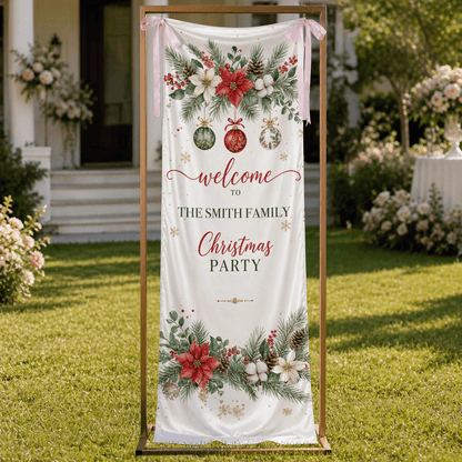 Custom Poinsettia Christmas Party Fabric Welcome Banner, Personalized Family Name Holiday Entrance Hanging Sign with Ribbon Ties, Winter Floral Foliage Party Decor