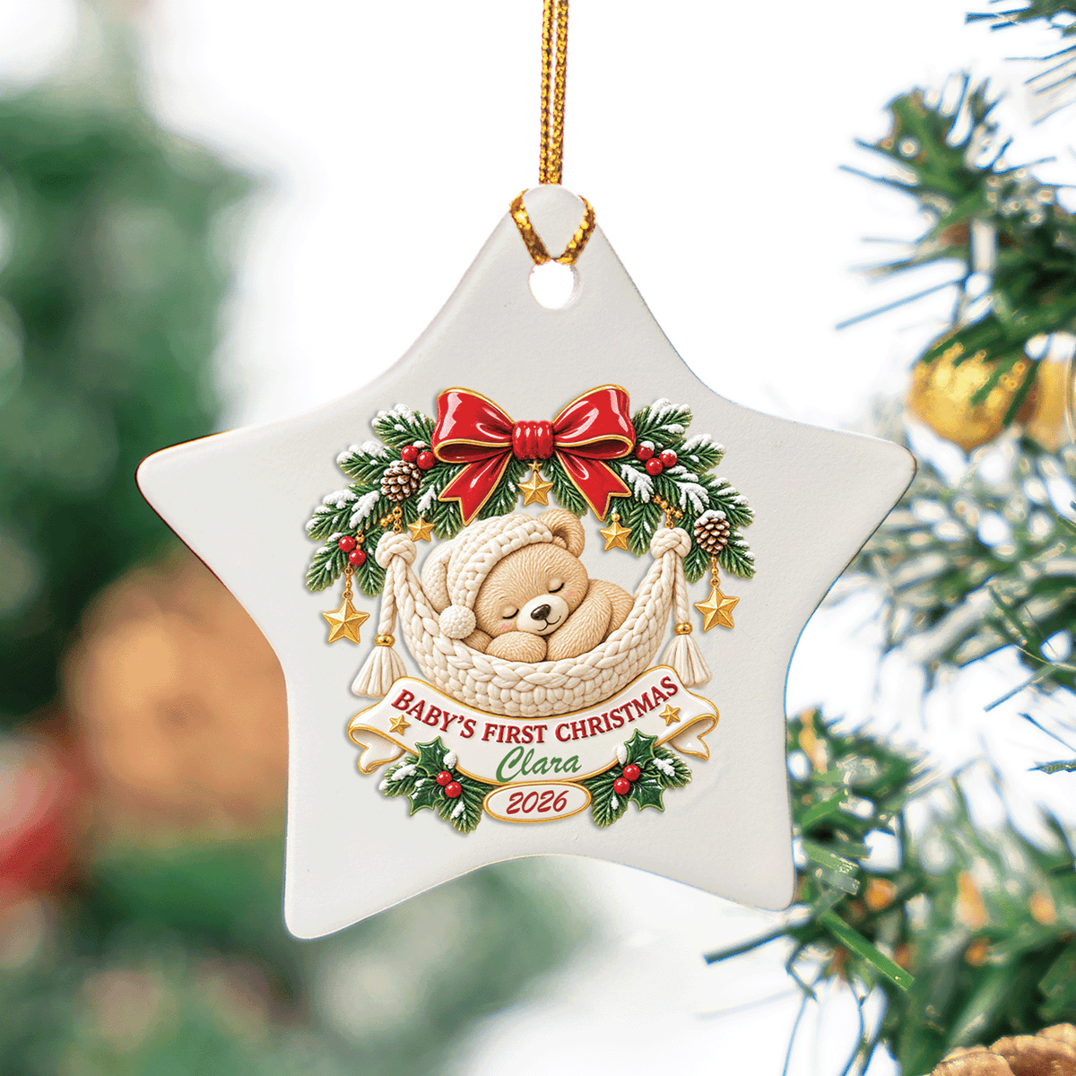 Personalized Baby's First Christmas Sleeping Bear Ceramic Star Ornament, Custom Name Year Xmas Tree Hanging Decor Keepsake, New Baby Shower Gift