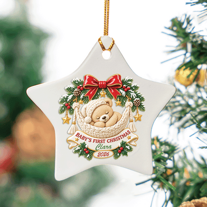 Personalized Baby's First Christmas Sleeping Bear Ceramic Star Ornament, Custom Name Year Xmas Tree Hanging Decor Keepsake, New Baby Shower Gift