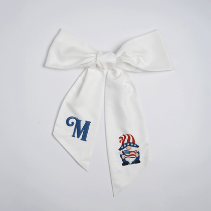Custom Letter Patriotic Gnome American Flag Embroidered Linen Wreath Sash, Personalized Monogram 4th of July Bow Sash for Door Decor