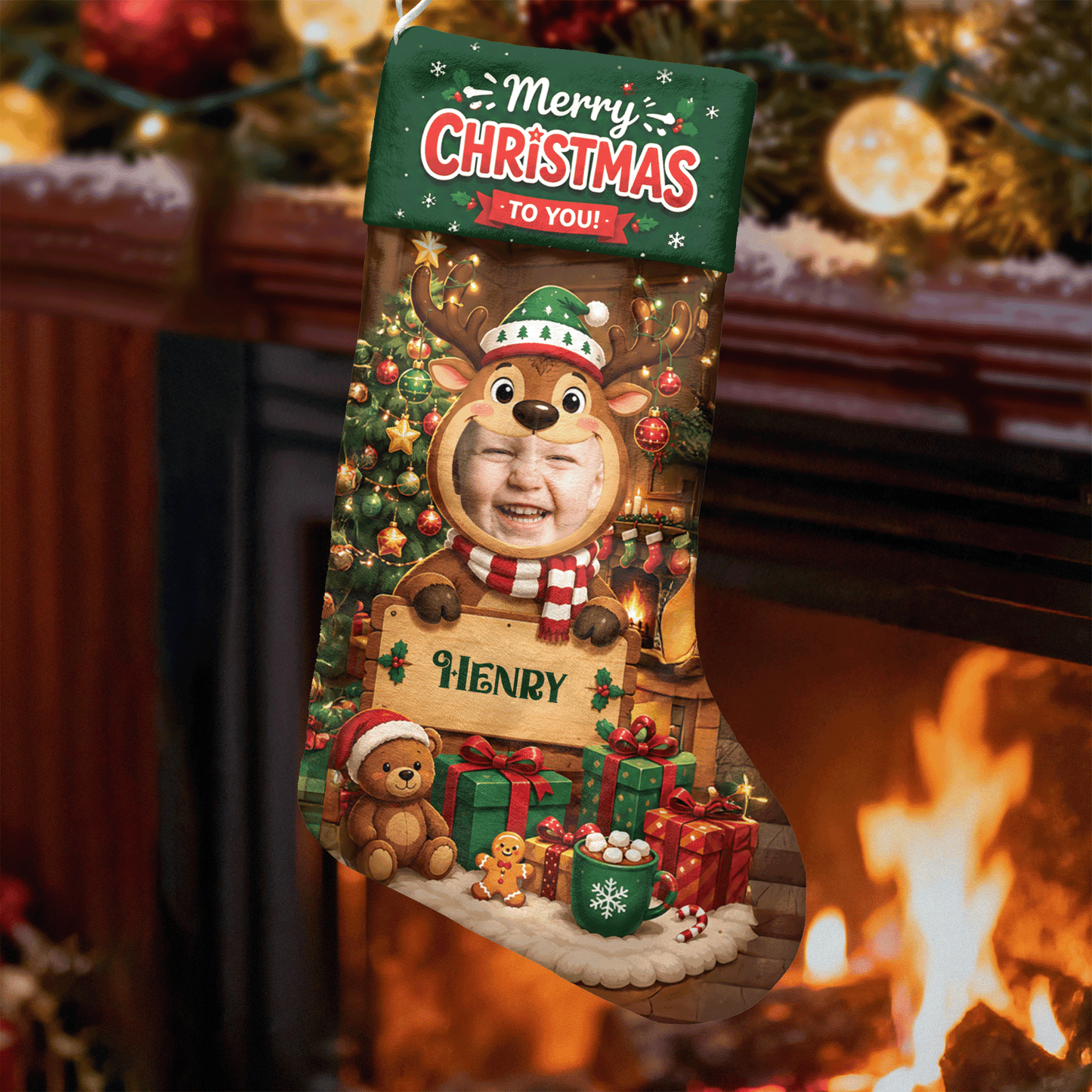 Personalized Christmas to You Reindeer Christmas Stocking, Custom Photo Holiday Gift