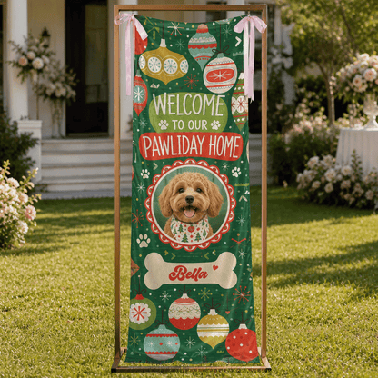 Custom Photo Dog Christmas Family Fabric Welcome Banner, Personalized Dog Name Pawliday Home Entrance Hanging Sign with Ribbon Ties, Green Vintage Ornament Holiday Party Decor