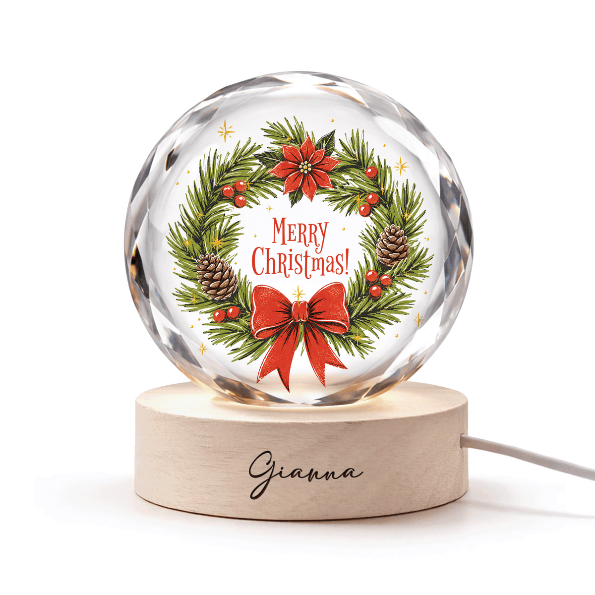 Custom Merry Christmas Pine Wreath Poinsettia 3D Laser Engraved Crystal Ball with LED Wooden Standee, Personalized Name Holiday Night Light Keepsake