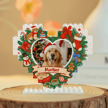 Personalized Photo Christmas Building Block Heart Shape in Cream White, Custom Dog Photo Wreath & Pet Accessories Brick Puzzle Keepsake Decor, Holiday Gift for Dog Lovers
