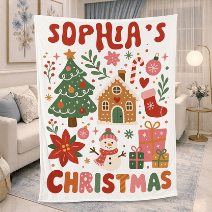 Personalized Christmas Blanket Custom Name, Gingerbread House Snowman Holiday Fleece Blanket for Kids Girls, Cozy Xmas Decor Throw Keepsake Gift
