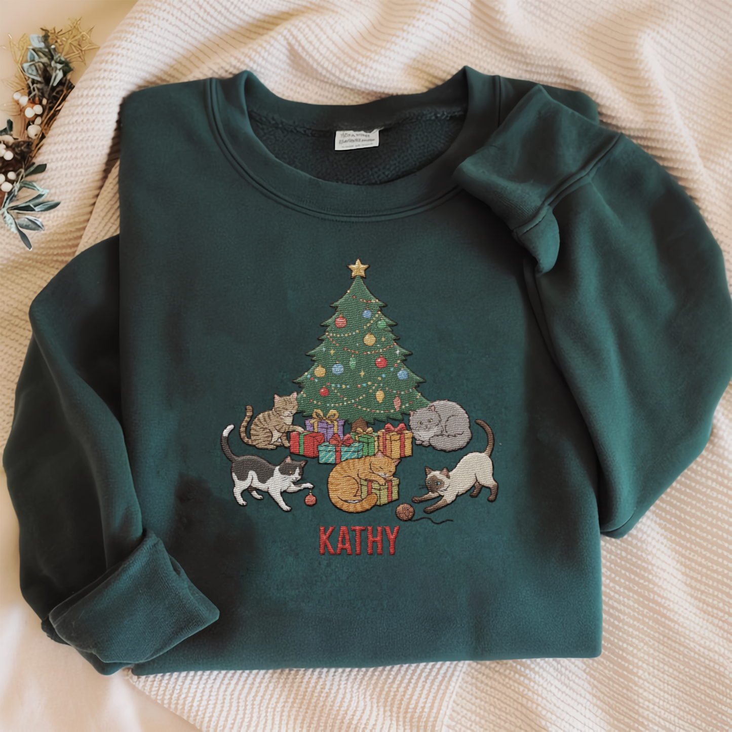 Personalized Christmas Cat Lover Sweatshirt with Custom Name | Cozy Holiday Cats Around Tree Crewneck