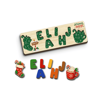 Personalized Christmas North Pole & Hot Cocoa Wooden Puzzle Board - Custom Kids Holiday Learning Toy & Nursery Decor