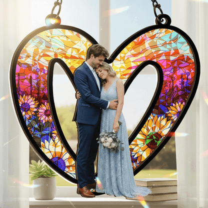 Two Hearts, One Love – Romantic Photo Gift for Couples – Personalized Heart Couple Photo 2-Layer Stained Glass Suncatcher