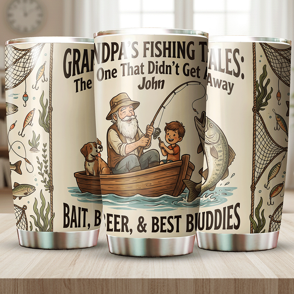 Personalized Grandpa Fishing Tales 20oz Tumbler – Custom Name Stainless Steel Travel Mug
