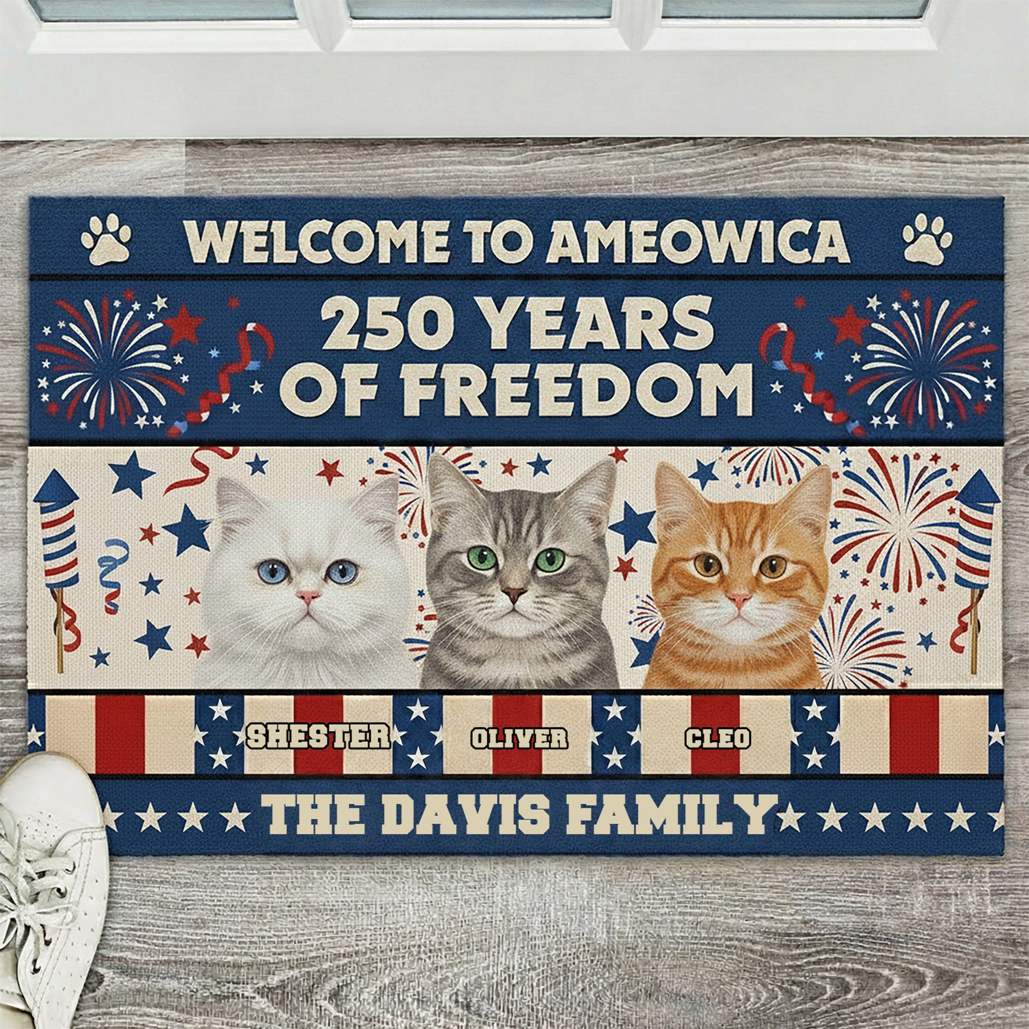 Custom Cat Photo Doormat Welcome to Ameowica 1776-2026 Patriotic Mat