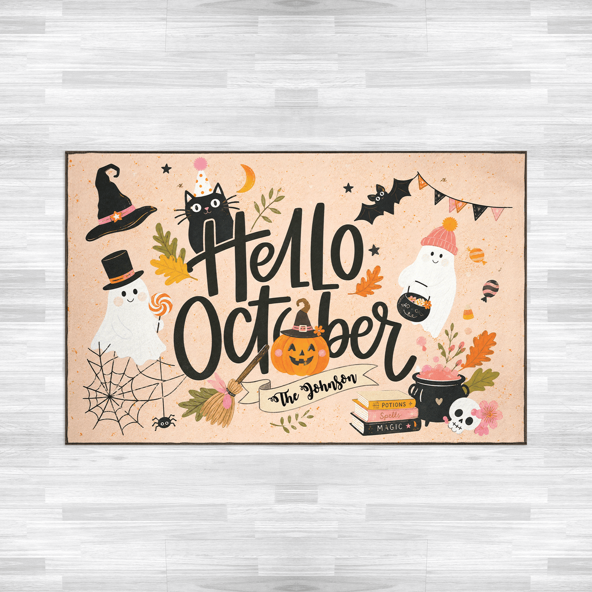 Personalized Hello October Ghost Black Cat Rug Custom Family Name Home Decor Floor Mat