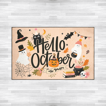 Personalized Hello October Ghost Black Cat Rug Custom Family Name Home Decor Floor Mat
