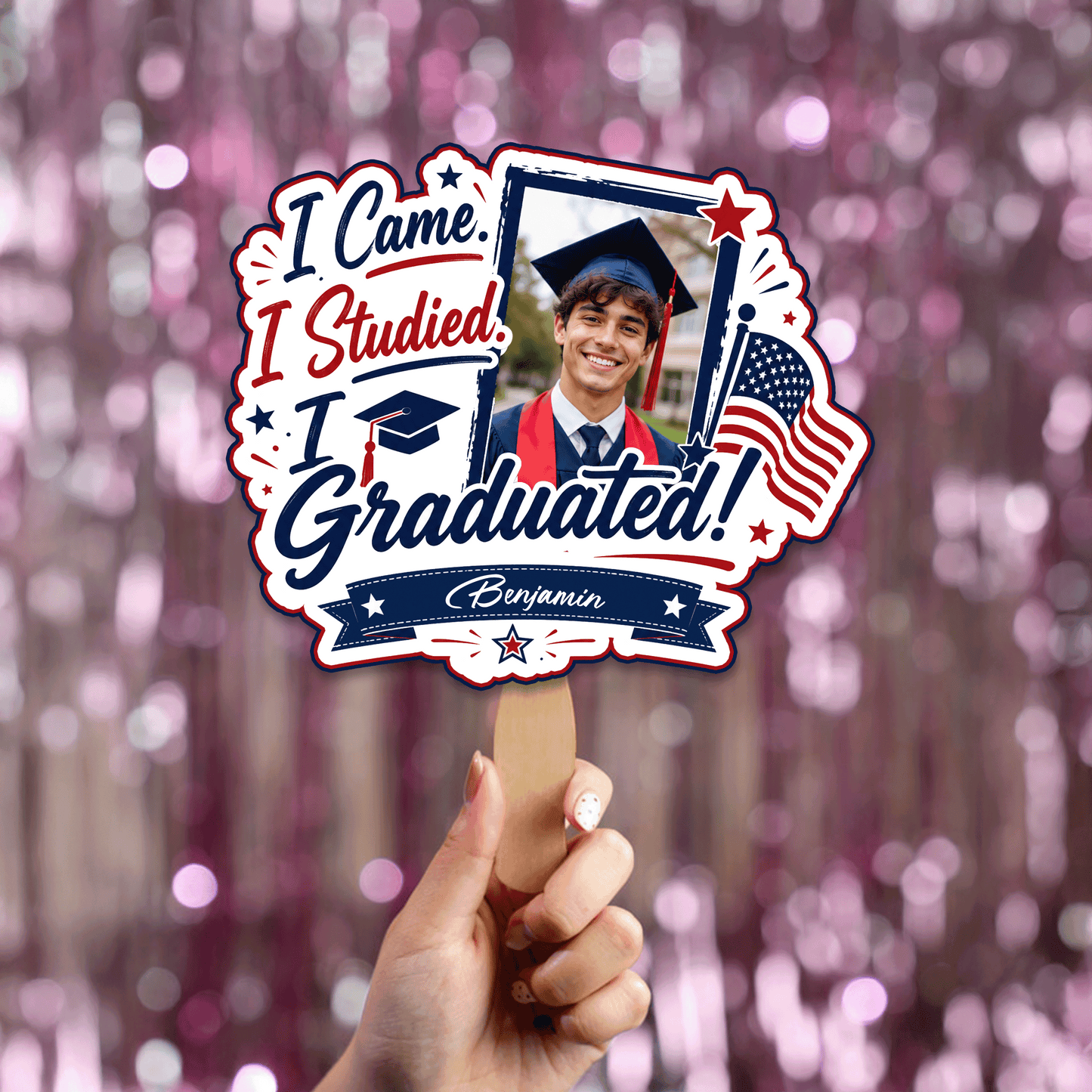 I Came I Studied I Graduated Custom Shape Photo Hand Fan with Photo, Name Graduation Party Fan